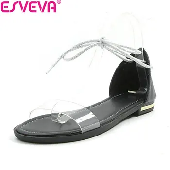 

ESVEVA 2018 Women Sandals Low Heels Lace Up Summer Shoes Cow Leather Gold PU Square Heels Sandals Causal Women Shoes Size 34-43