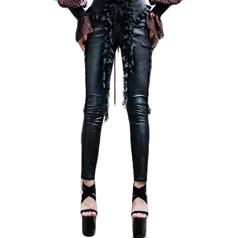 Punk Gothic Black Jacquard Lederen Stretch Kant Broek Vrouwen Wimter Hollow Out Lange Broek Rose Patroon Pantalones Mujer Punk Gothic Black Jacquard Lederen Stretch Kant Broek Vrouwen Wimter Hollow Out Lange Broek Rose Patroon Pantalones Mujer
