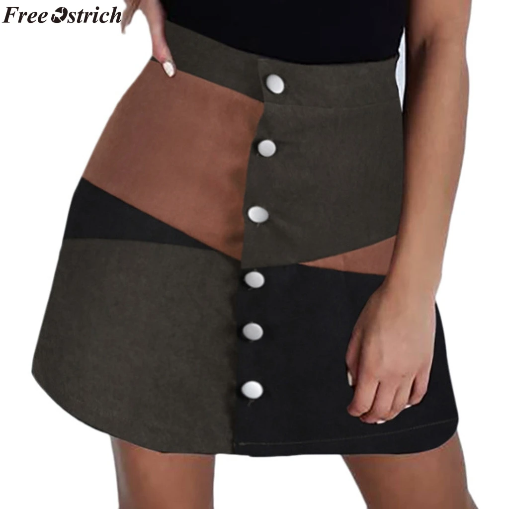 

FREE OSTRICH Fashion Women Casual Botton Skirt Patchwork Color Block Short Mini Skirt Casual Female Harajuku Autumn winter