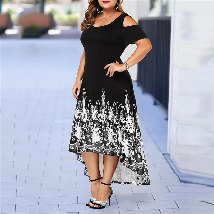 2019 New Summer Women Casual Plus Size Print Dress O-Neck Print Off-Shoulder Short Sleeve Waist Dress #E11 (5)