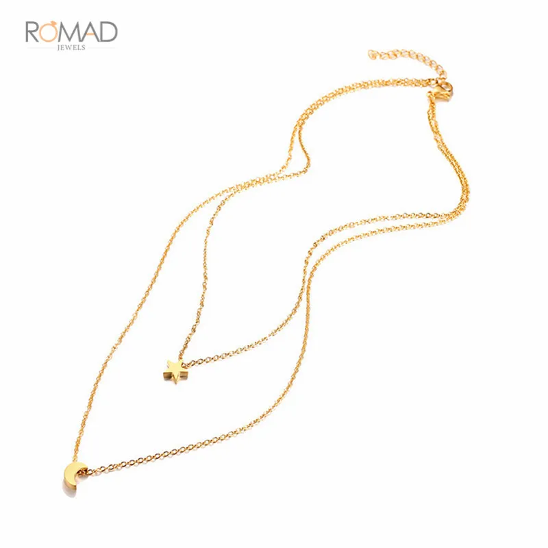 

Romad Star Moon Charm Layered Choker Gold Color Stainless Steel Double Layer Necklace Elegant Party Jewelry For Girl