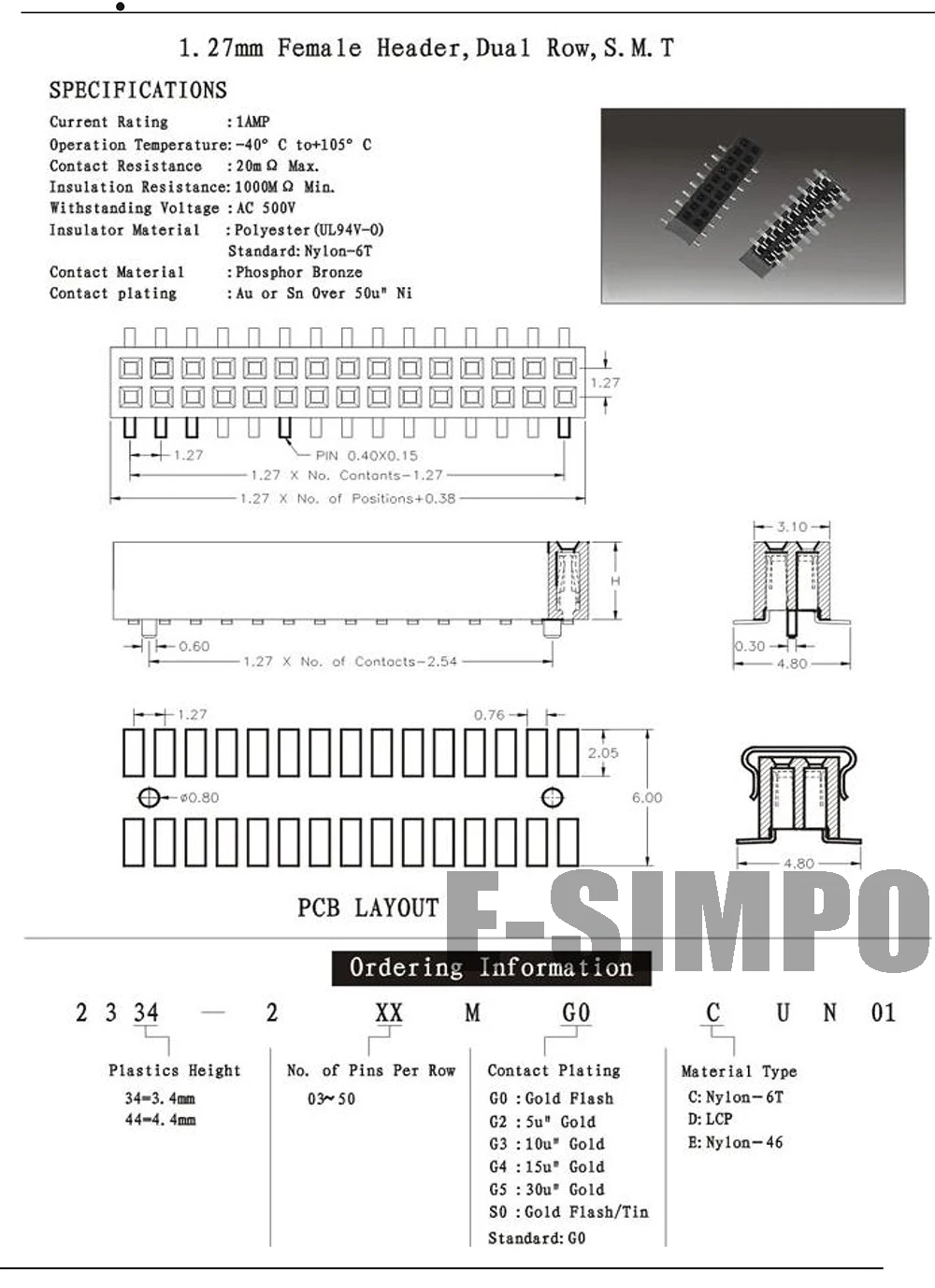 100 шт. SMT 1 27 мм наружный коллектор 2*20P Пластик высота 4 3 0 05 &quotPCB муфтовый