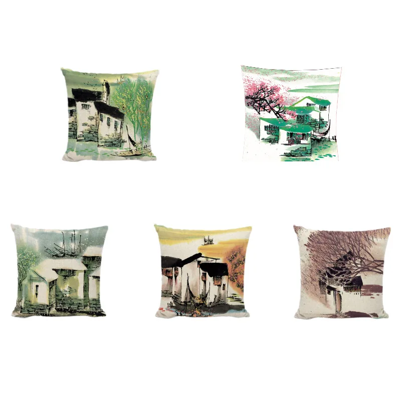 Watercolor Chinese Ancient Town Building Cushion Covers 45 cm Swallow Boat Willow Home Living Room Sofa Decorative Pillow Cases | Дом и сад