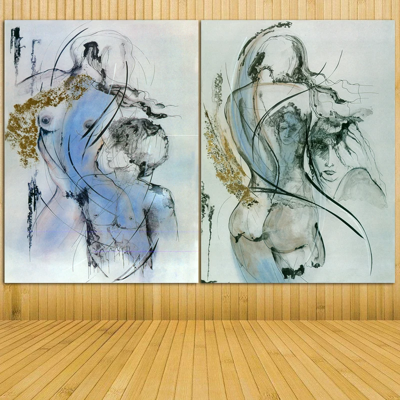 

2pcs Canvas Oil Painting Abstract Sexy Nude Women And Man Pictures Unframed Ladies Body Photo Bedroom Decor Wall Art Printed