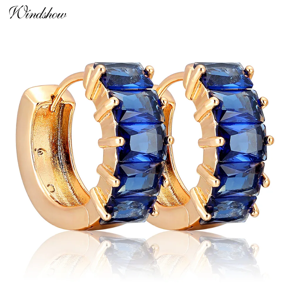 

Gold Color Small Loop Round Circles Hoops Earrings for Women Five Princess Cut Blue AAA CZ Zircon Jewelry Brincos bijoux femme