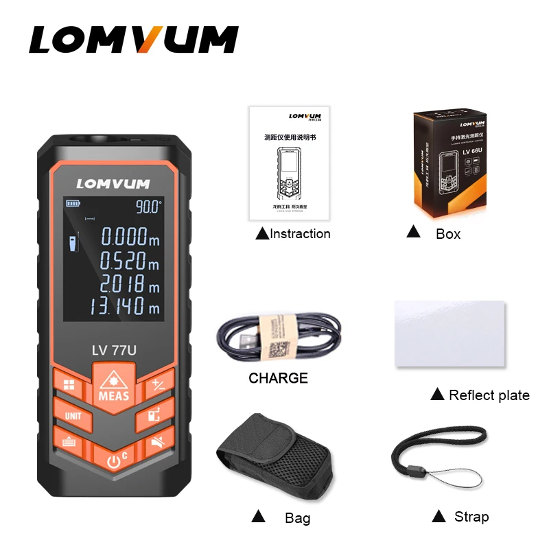 LOMVUM LV 77U Handhold Laser rangefinder Digital Laser Distance Meter USB-Charge Electrical Level tape Laser distance measurer