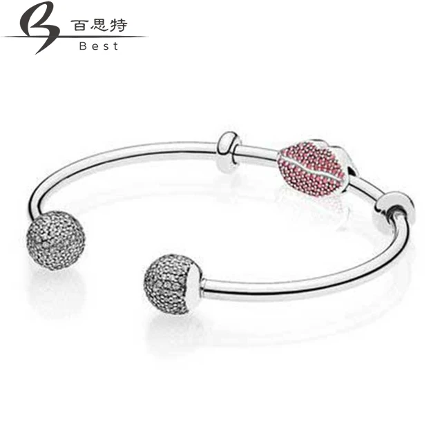 

BEST 925 Sterling silver SPARKLING KISS OPEN BANGLE GIFT SET Clear CZ fit DIY Original charm Bracelets jewelry A set