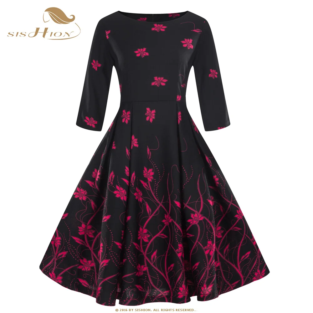 

SISHION 10 Colors Autumn Dress 2018 Women Long Sleeve Black Dark Blue Wine Red Floral Print Vintage Dresses Plus Size VD0834