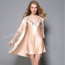 Сексуальная атласная ночная рубашка набор для женщин 2 шт. набор халатов шелковое кружевное белье пижамы женские подтяжки юбка ночное белье комфортное Ночное платье