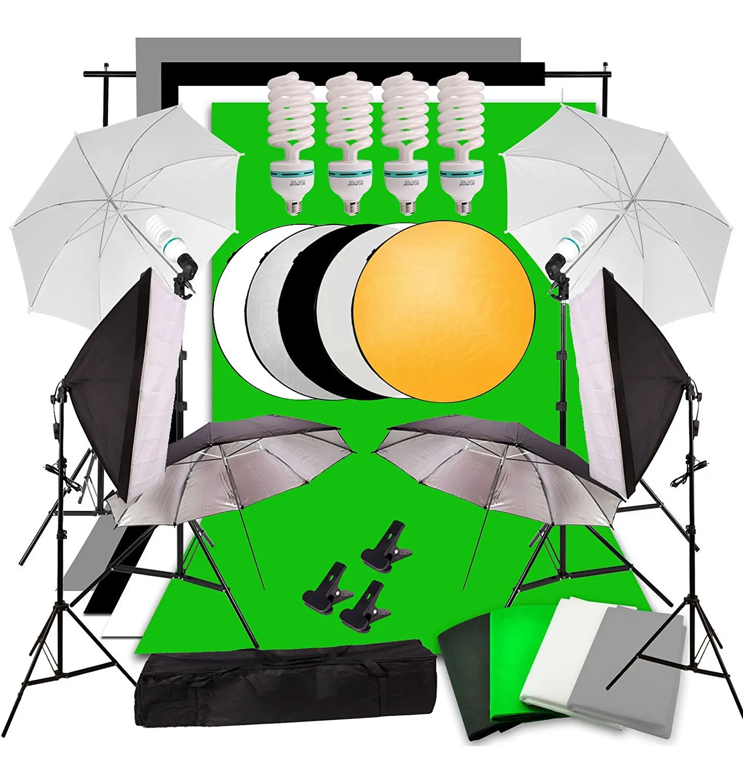 

Abeststudio Studio Continuous Lighting Kit Softbox Umbrella + Black White Green Gray 4 Backdrop + 60cm 5 in 1 Reflector