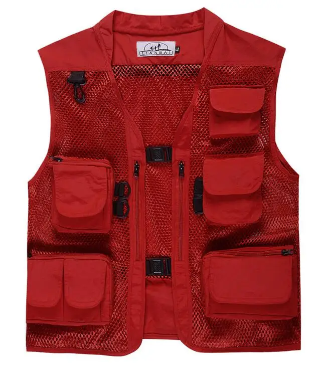 Мужской спортивный жилет для рыбалки на открытом воздухе, куртка для рыбалки с несколькими карманами на молнии, свободная сетчатая одежда, chaleco de pesca - Цвет: red