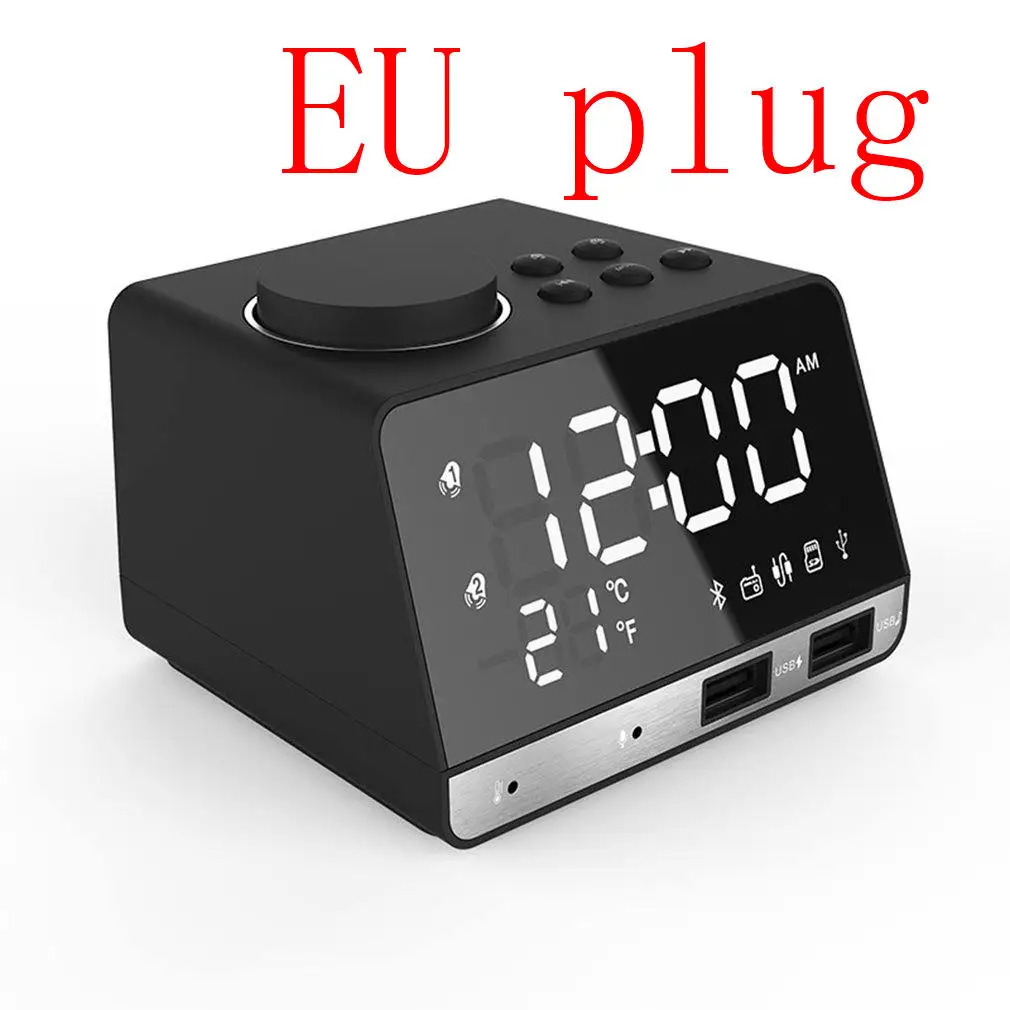 Многофункциональный Bluetooth будильник динамик с двойным usb-интерфейсом зарядка аудио светодиодный зеркальные часы музыкальный дисплей настольные часы - Цвет: EU plug