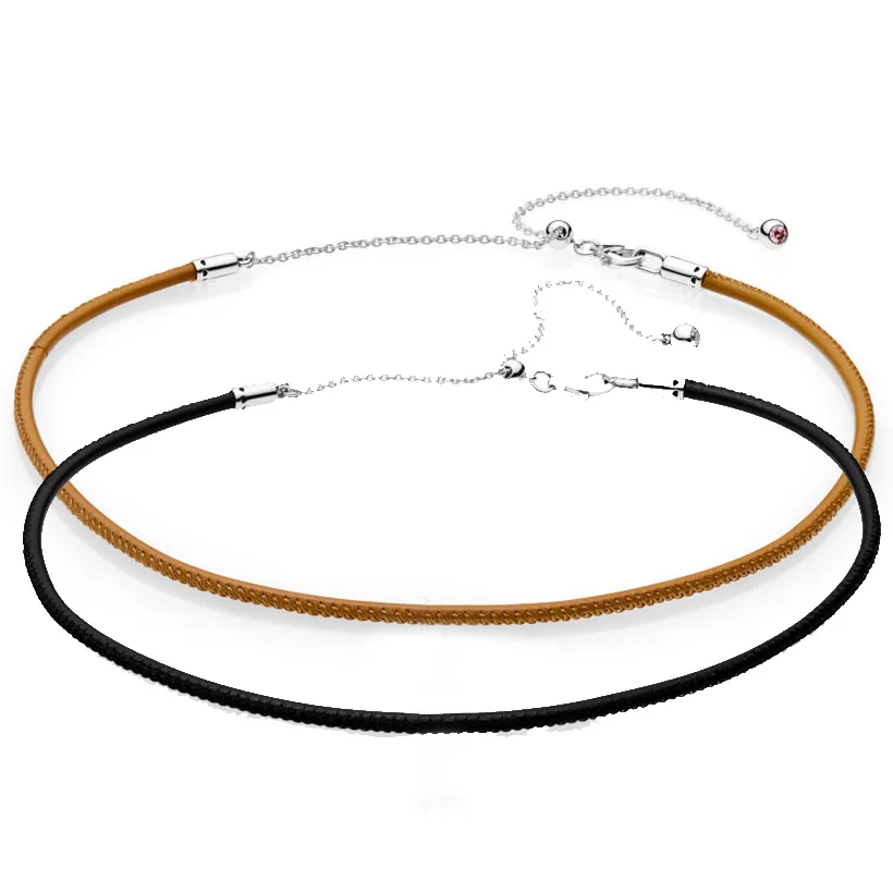 New 925 Sterling Silver Necklace Leather Choker With Adjustable Sliding