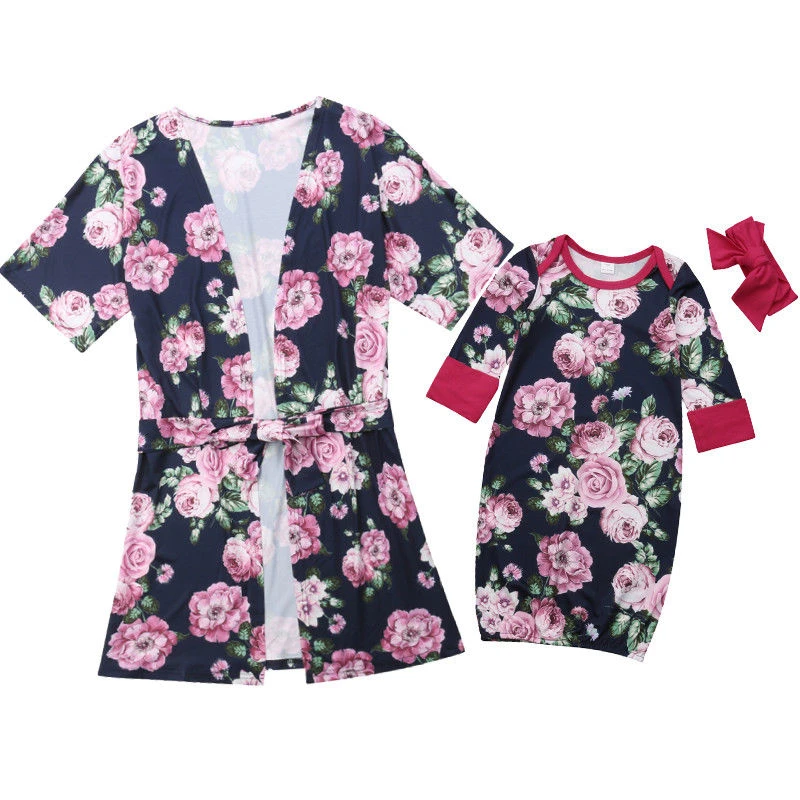 

Mother Daughter Newborn Baby Girl Kid Family Matching Floral Short Sleeve Robe Pajamas Swaddle Sleeping Bag Headband Clothes