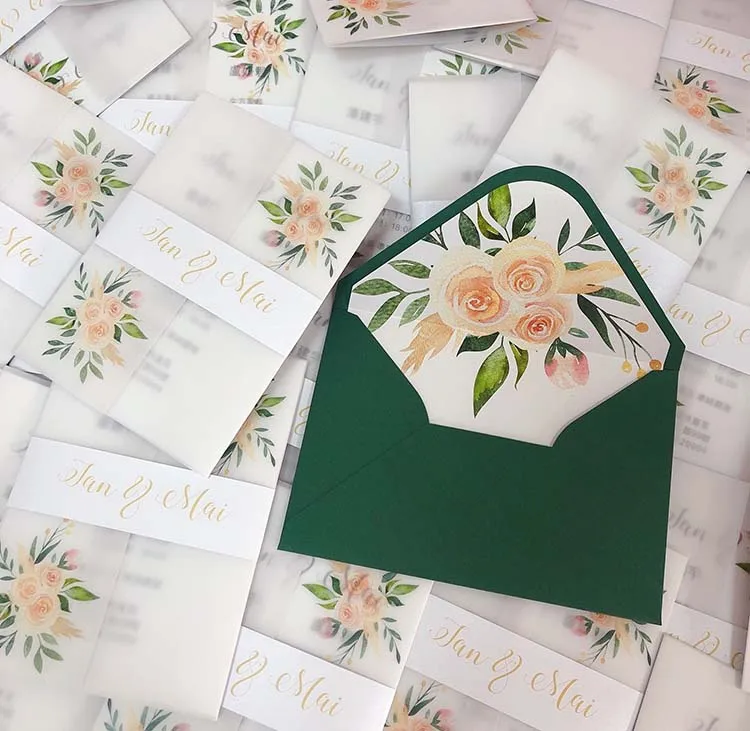  Custom Watercolor Floral Vellum Wedding Invitation with Envelope CA0957 - 32990914013