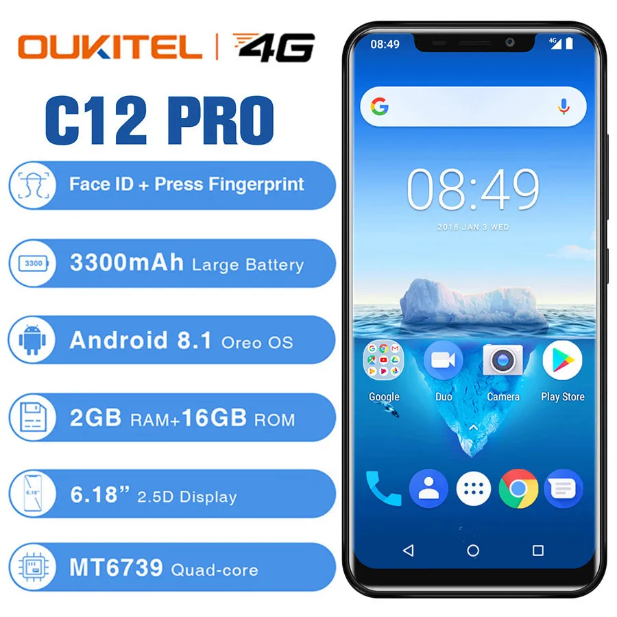 OUKITEL C12 Pro 4G 6,1" 19:9 Android 8,1 Face ID 3300 мАч MT6739 четырехъядерный 2 Гб ОЗУ 16 Гб ПЗУ 8МП+ 5Мп отпечаток пальца мобильный телефон