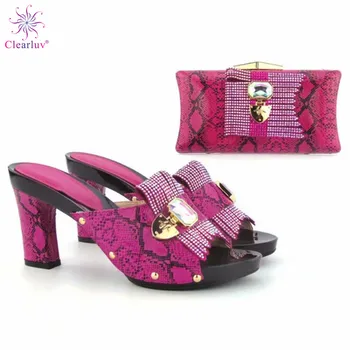 

uchsia Italian Shoes with Matching Bag Set Decorated with Rhinestone Shoes and Bag Set African Sets 2019 Nigerian Women Shoe