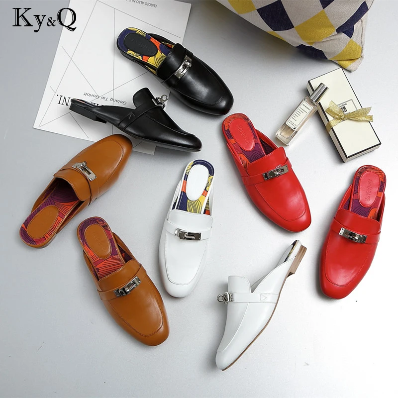 

New fashion women mules slippers genuine leather cow leather solid metal decoration floral inside low flat with women slippers