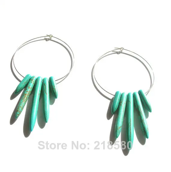 

H-CE44 Boho Style Jewelry Blue Howlite Spike Hoop Earrings Silver or gold Pendant Earrings for Women