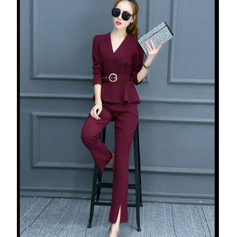 

Women V-Neck Puffle Top And Pants Two Pieces Of New Autumn Suits Female Boom Leggings Trousers Ol Korean Fashion Slim Sets