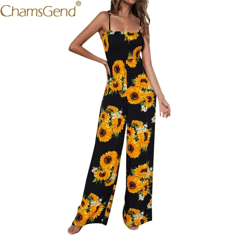 

Women Fashion Sunflowers Print Strappy Wide Leg Jumpsuits Summer Beach Party Tops Woman Sleeveless Camis Playsuit Rompers 90527