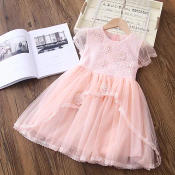 

Wholesale New 2019 Girl Lace Princess Dress Summer Girls Kids 3D Flowers Mesh TUTU Dresses Children Vestidos 4pcs lot