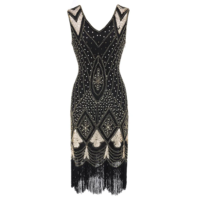 Women 1920 s Gatsby Dress Summer Sexy Party Dresses Beading V Neck Vintage Tassel Stripe Sequin Draped Fringe Flapper Dress (4)