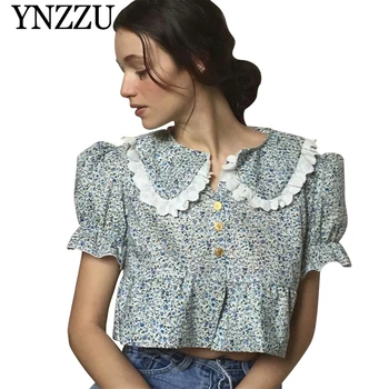 

YNZZU 2019 New arrival doll color loose women tops Floral print loose short sleeve shirt Lace patchwork ladies blouse YT611