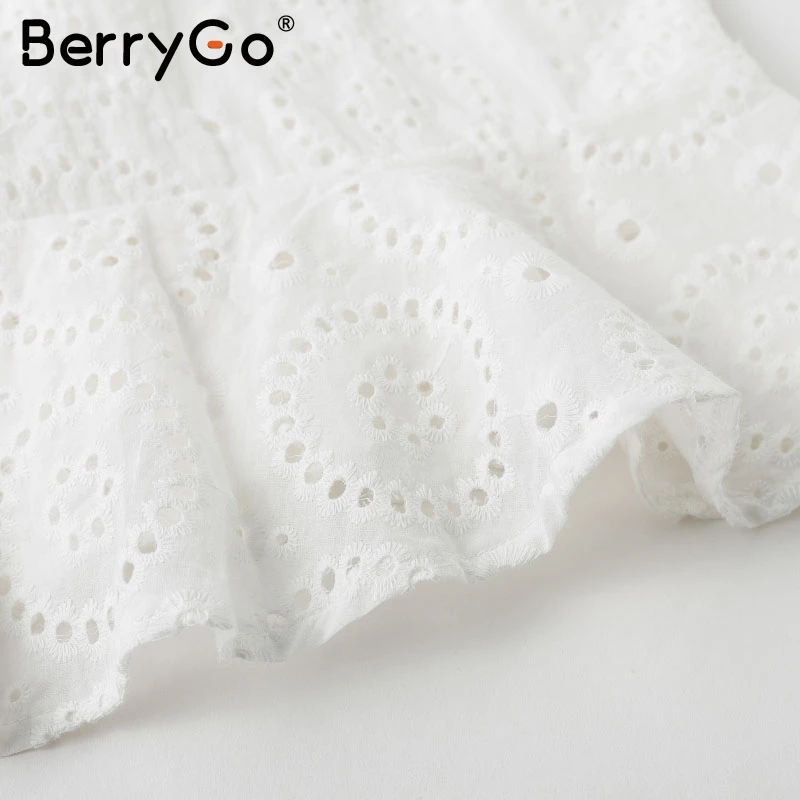 BerryGo хлопковое белое платье с вышивкой женское короткое рюшами на рукавах и