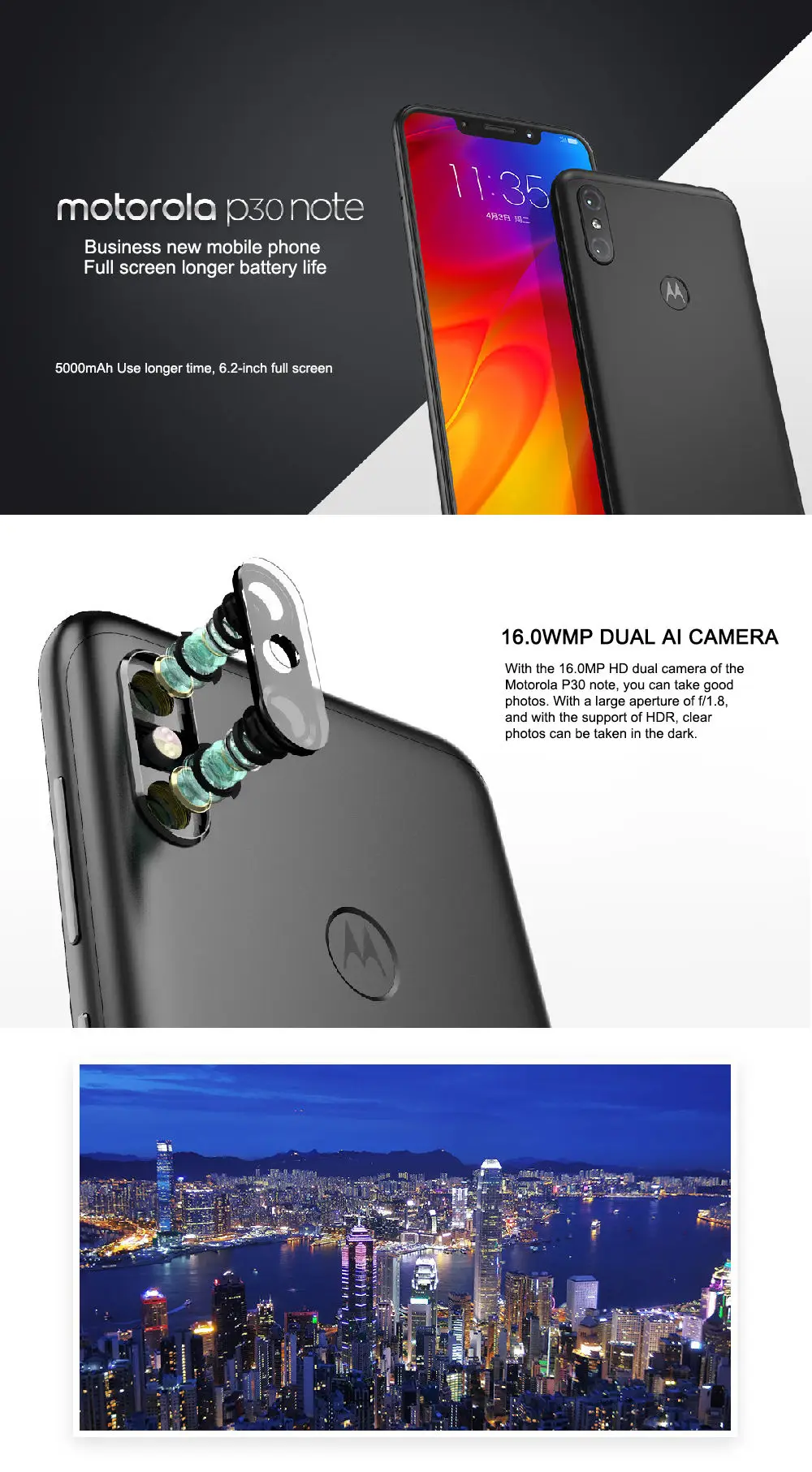 Motorola MOTO P30 Note, 4G, 5000 мА/ч, 4 Гб ОЗУ, 64 Гб ПЗУ, Смартфон Snapdragon 636, четыре ядра, 16,0 Мп+ 5,0 МП, 1080 P, отпечаток пальца