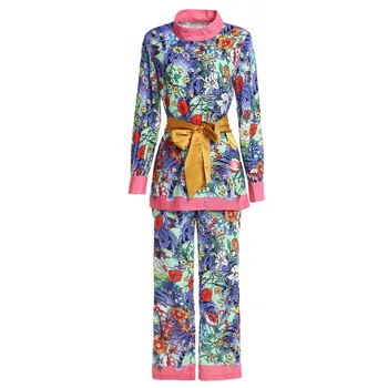 

Fashion Women European American Prairie Chic 2 Pieces Pants Set Long Shirt Slim Trousers Flower Print Twin Sets Plus Size Outfit