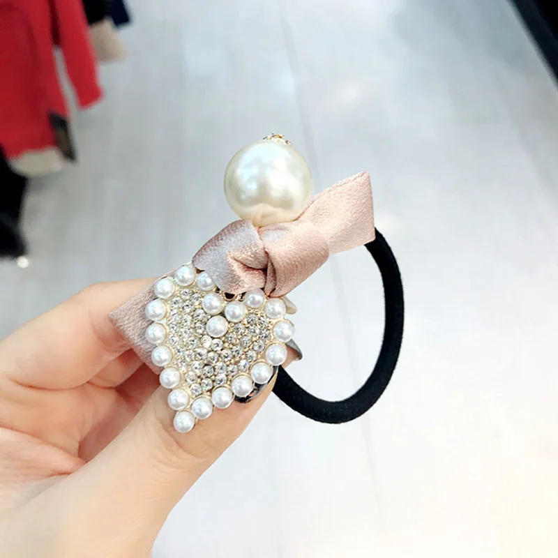 Houndstooth cloth bow hair rope color diamond pearl hair ring thick rubber band ponytail ties fashion hair accessories for women