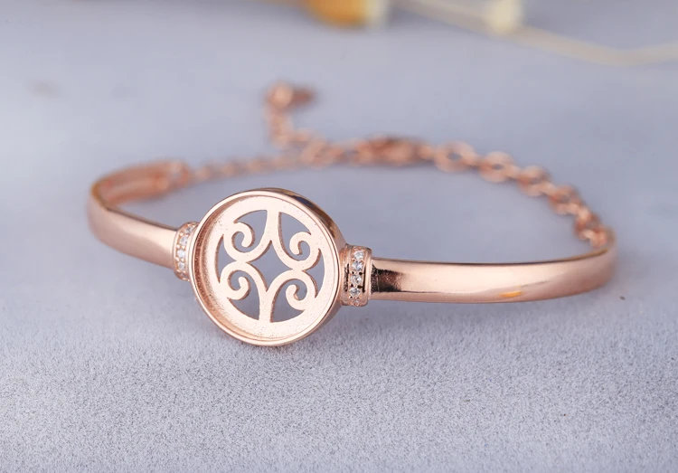 

925 Sterling Silver Women Crystal Semi Mount Bracelet Round Cabochon 14x14mm Rose Gold Color Fine Jewelry Setting Wholesale