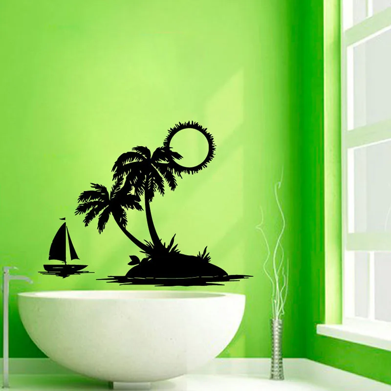 

ZOOYOO Sun Beach Palms Trees Bath Wall Sticker Home Decor Bathroom Decoration Art Murals Wall Decals