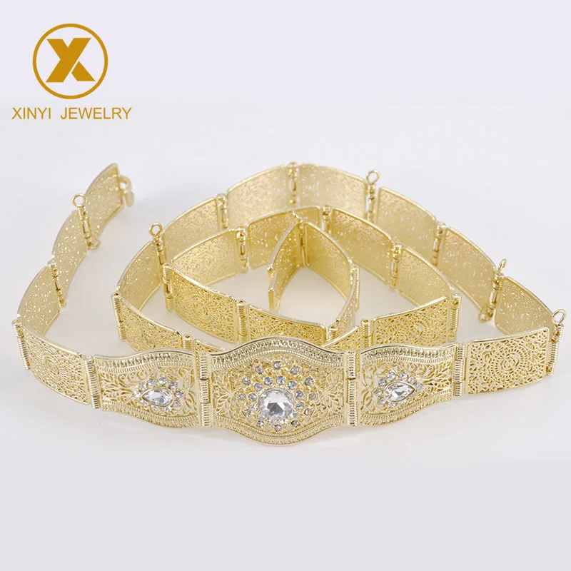 

Morocco's national hollow mesh metal waist chain with gold rhinestone crystal ornaments European women's day belt Bijoux