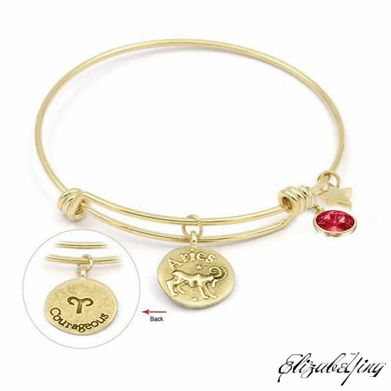 

Birthday Gift Gold Color 12 Constellation Charm Bracelet Birthstone and Star Dangle Charms Zodiac Signs Adjustable Wire Bangles