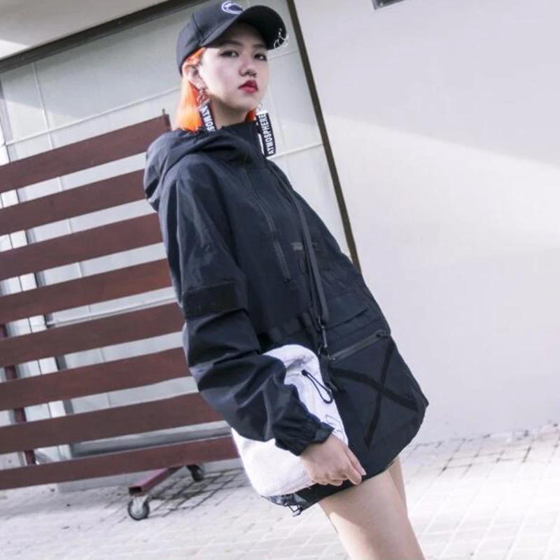 Осеннее черное пальто с капюшоном BF Harajuku, женские свободные уличные базовые пальто, куртка для женщин, Повседневная ветровка на молнии