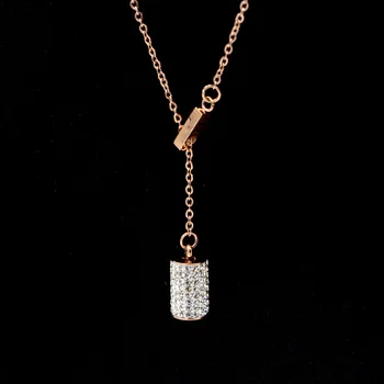 

Free Shipping Full Rhinestone CZ Cylinder Rose Gold Color Stainless Steel Necklace
