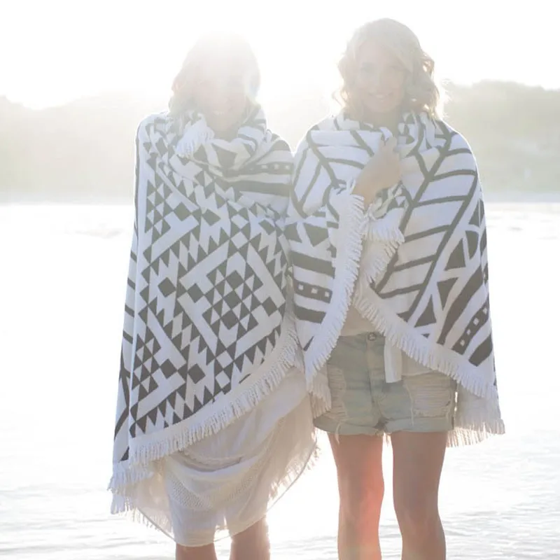 black and white round beach blanket