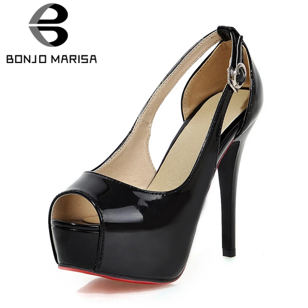 

BONJOMARISA 2019 New Thin High Heels Peep Toe Patent Pu Buckle Strap Platform Shoes Woman Casual Party Sexy Spring Summer Pumps