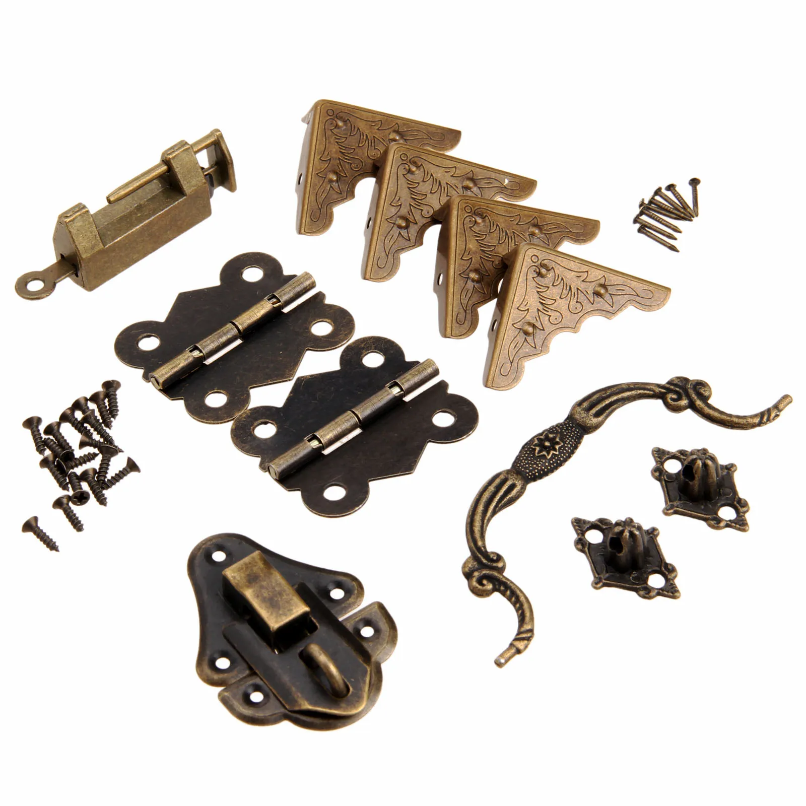 9Pcs/set Furniture Hardware Chinese Brass Hardware Antique Wooden Box Latch Hasp+Pull Handle+Hinges+Corner Protector+Old Lock