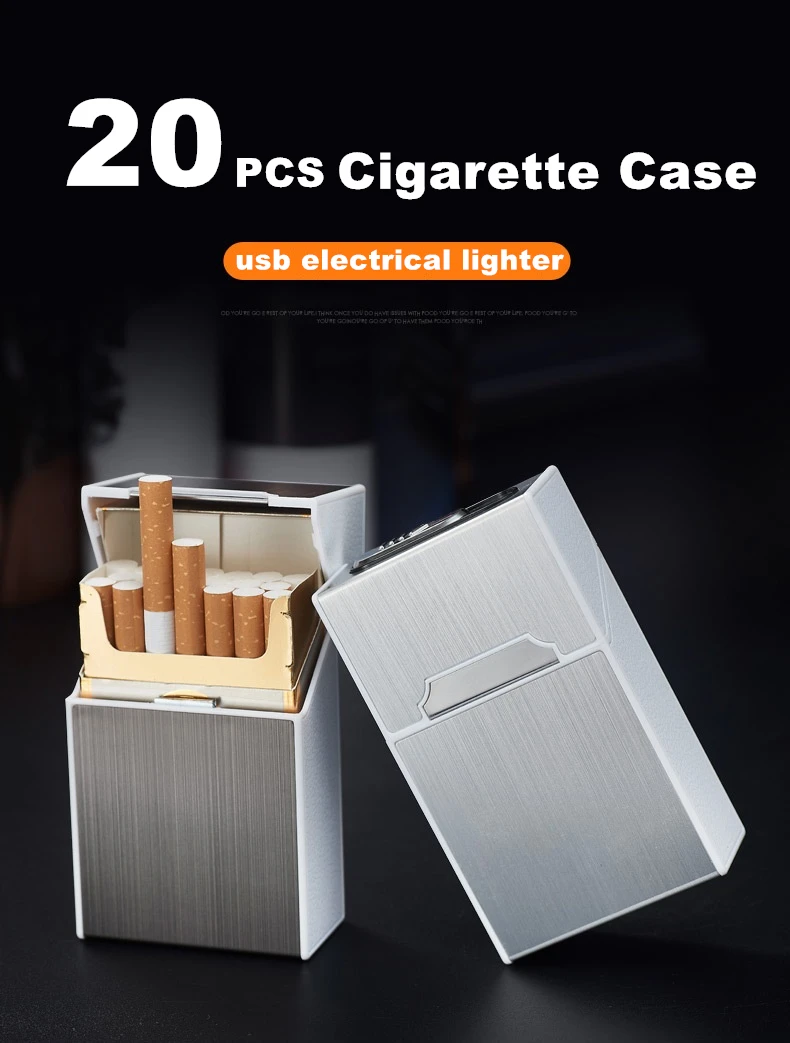 Metal Cigarette Case Box with USB Lighter 20pcs Capacity Waterproof Cigarette Holder Electronic Lighter Electric Gadgets for Men