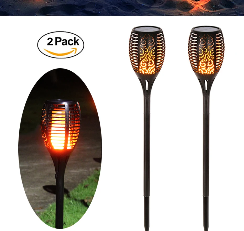 Tochas de Iluminação ao ar Livre para Jardim Movido a Energia Solar da Lâmpada de Rua Solar Luz Bruxuleante Chamas Tiki Quintal Caminho Luzes 2 Pcs 96 Led 3 Lâmpadas solares