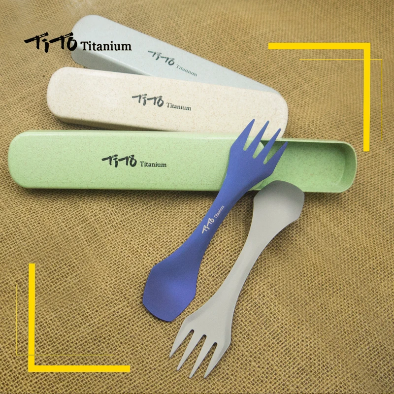 TiTo al aire libre Camping Picnic cuchara de titanio vajilla caja de tenedor de titanio paquete ultraligero puro titanio Spork para regalo