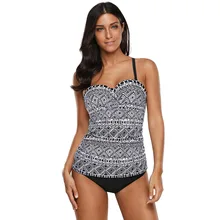 Женский черно-белый купальник с принтом и ремешками сзади, 2 шт., купальник-танкини, высокая эластичность, пляжный купальник, большие размеры