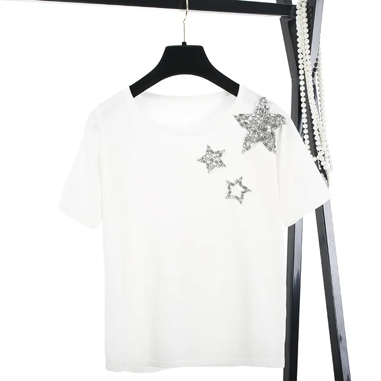 Летняя простая трикотажная футболка, Повседневная модная тонкая женская футболка со звездами и бисером, Высококачественная Трикотажная футболка с коротким рукавом, B-005 - Цвет: Белый