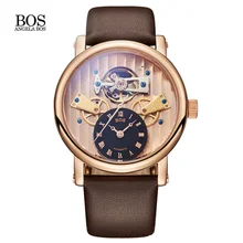 Relogios homens BOS Men’s Skeleton Automatic Self Wind Mechanical Watch Waterproof Stainless Steel Case Calfskin Band White Dial