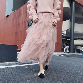 

2019women summer sexy lace pleated high waist long skirt ladies korean vintage elegant tulle mesh transparent gauze midi skirt