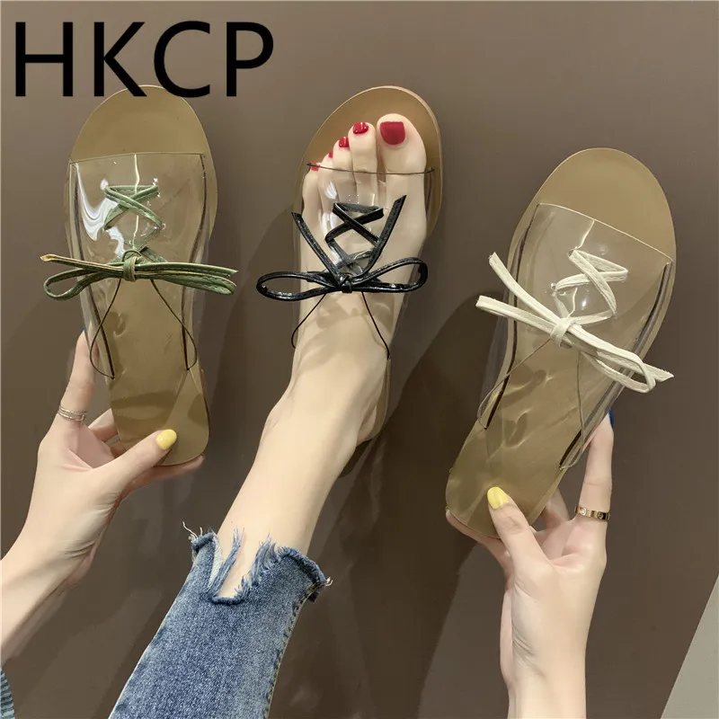 

HKCP 2019 summer new slipper ladies all-in-one fashion suede transparent stitching before the lace outside to wear sandals C228