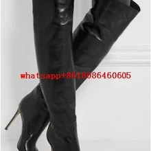 Черные кожаные сапоги до бедра; женские сапоги на шпильке с острым носком; Сапоги выше колена; сезон осень; botas femininas; женская обувь;